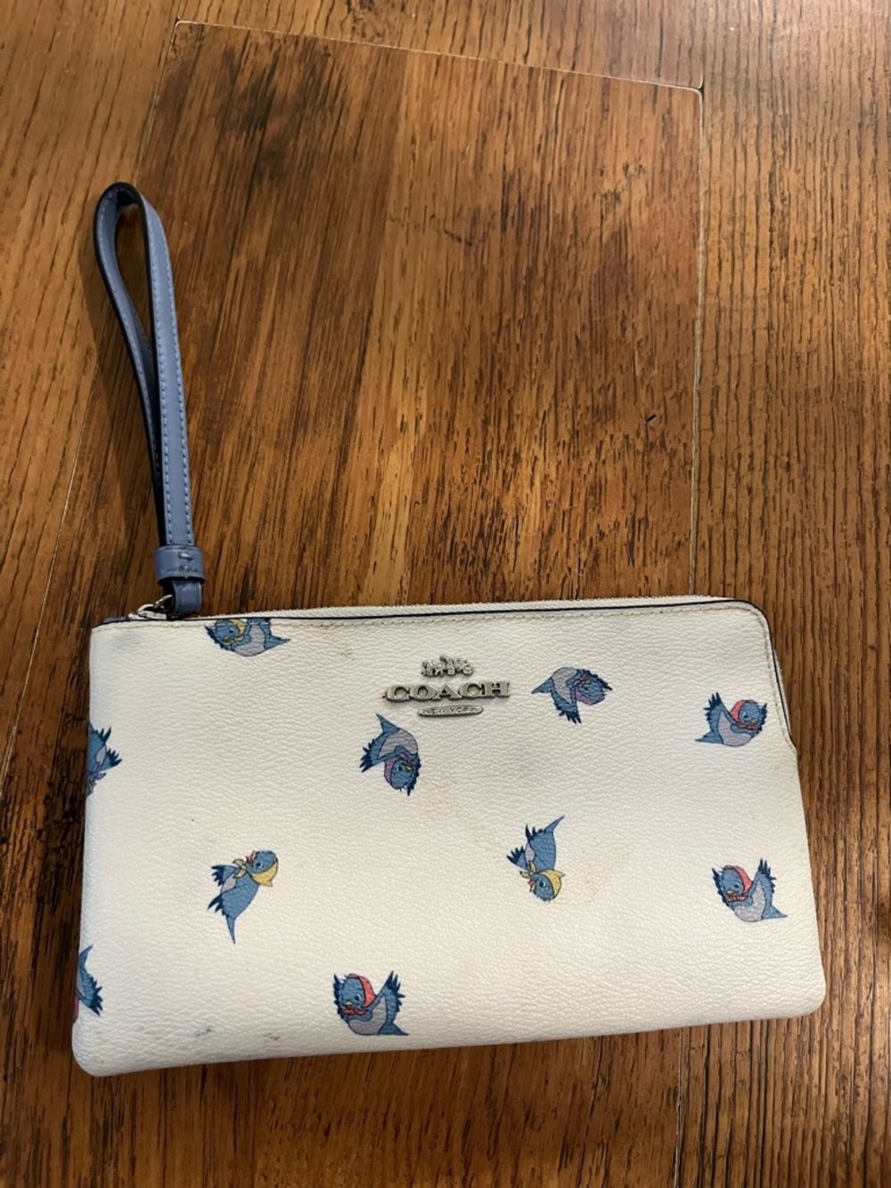 Coach Cinderella White Leather Wristlet with Blue Birds